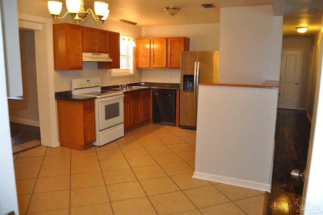 kitchen featuring dark countertops, stainless steel fridge with ice dispenser, under cabinet range hood, black dishwasher, and white electric range oven