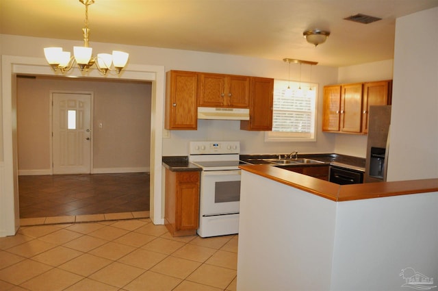 kitchen with visible vents, electric stove, under cabinet range hood, a sink, and light tile patterned floors