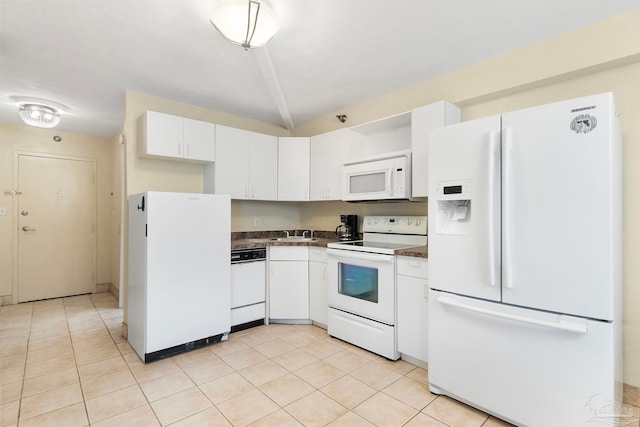 kitchen with sink, white appliances, light tile patterned floors, and white cabinets