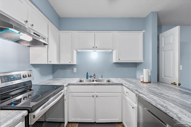 kitchen featuring a textured ceiling, sink, white cabinets, and stainless steel electric range