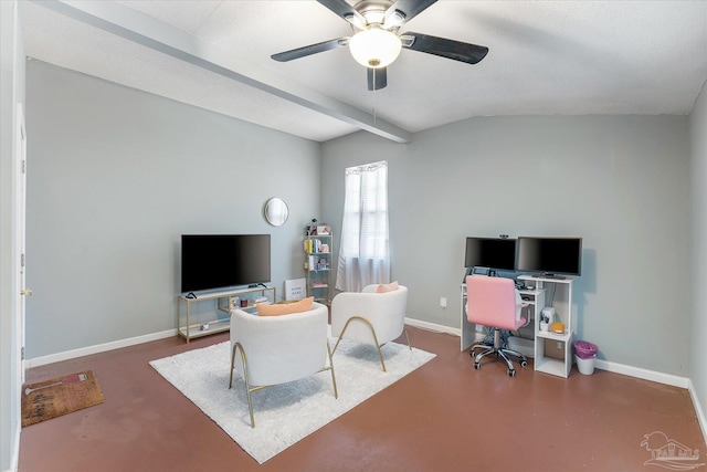 office with ceiling fan and vaulted ceiling with beams