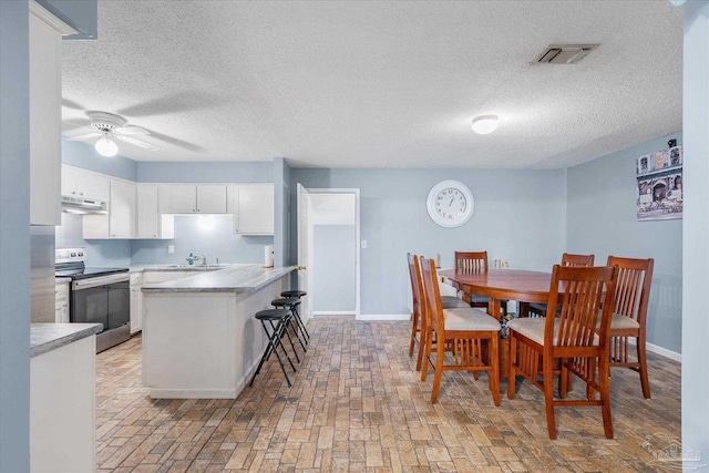 dining space with ceiling fan, sink, and a textured ceiling