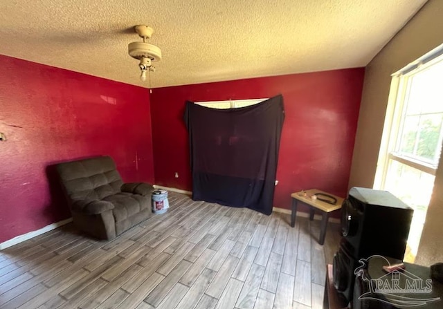 living area featuring a textured ceiling and wood-type flooring