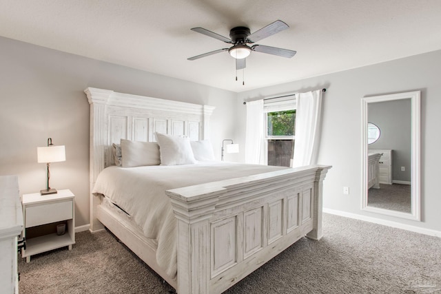 bedroom featuring carpet flooring, baseboards, and ceiling fan