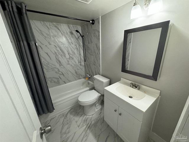 full bath with toilet, marble finish floor, shower / bath combo, and vanity