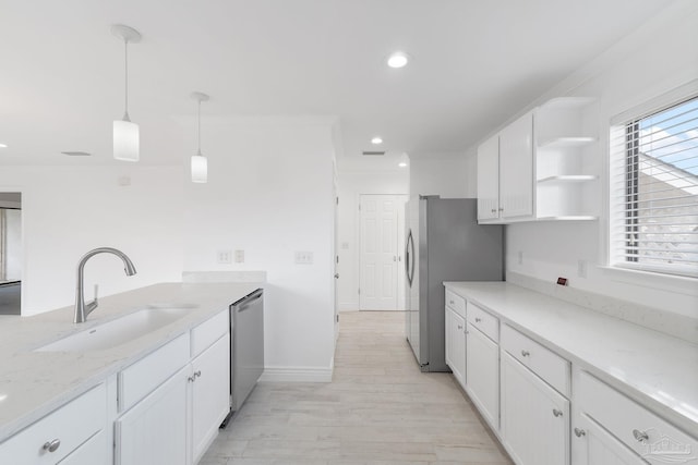 kitchen with light stone counters, open shelves, a sink, white cabinets, and appliances with stainless steel finishes