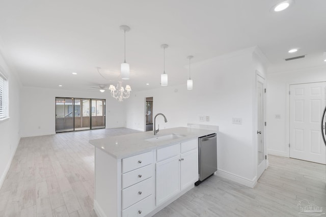 kitchen featuring visible vents, a sink, a peninsula, white cabinets, and stainless steel dishwasher