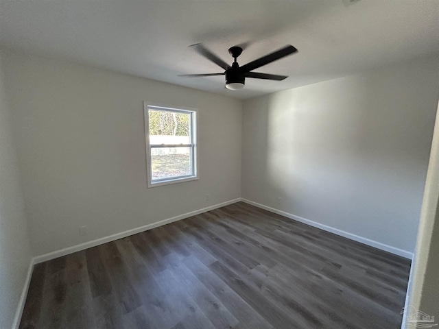 empty room featuring ceiling fan and dark hardwood / wood-style flooring