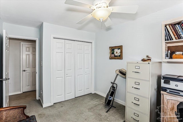 342 Ft Pickens Rd, Pensacola Beach, FL 32561 - carpeted home office with a ceiling fan and baseboards