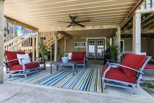 342 Ft Pickens Rd, Pensacola Beach, FL 32561 - view of patio / terrace featuring french doors, outdoor lounge area, stairs, and a ceiling fan