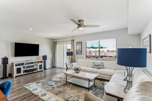 342 Ft Pickens Rd, Pensacola Beach, FL 32561 - living room featuring ceiling fan, wood finished floors, baseboards, and recessed lighting