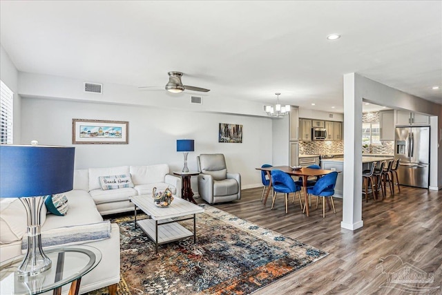 342 Ft Pickens Rd, Pensacola Beach, FL 32561 - living room with wood finished floors, a chandelier, ceiling fan, recessed lighting, and baseboards