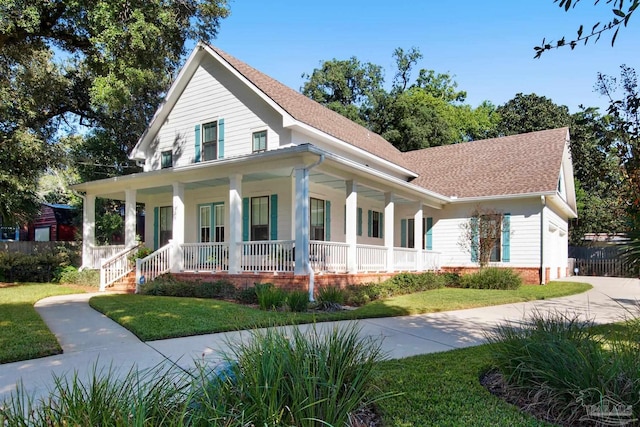 farmhouse inspired home with a front yard and a porch