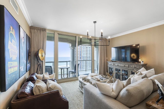living room featuring floor to ceiling windows, visible vents, a chandelier, and ornamental molding