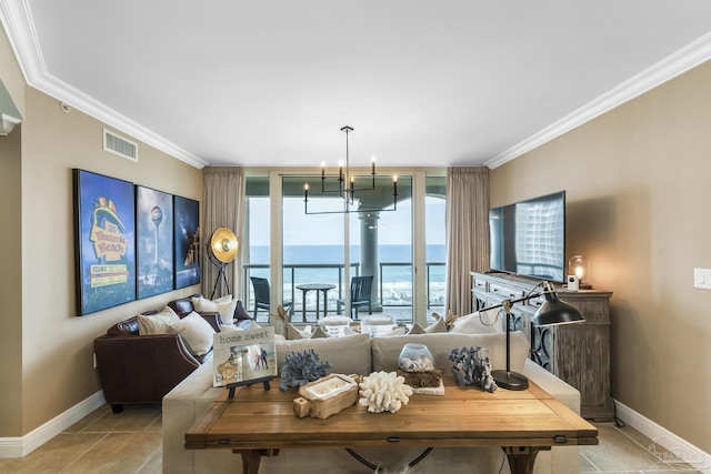 living room featuring ornamental molding, visible vents, and baseboards