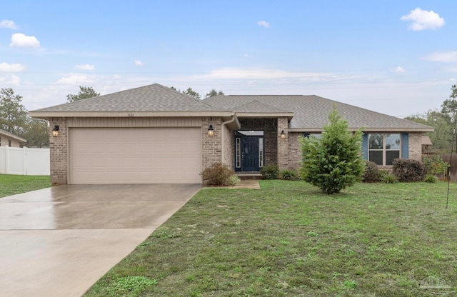 ranch-style house with a garage and a front lawn