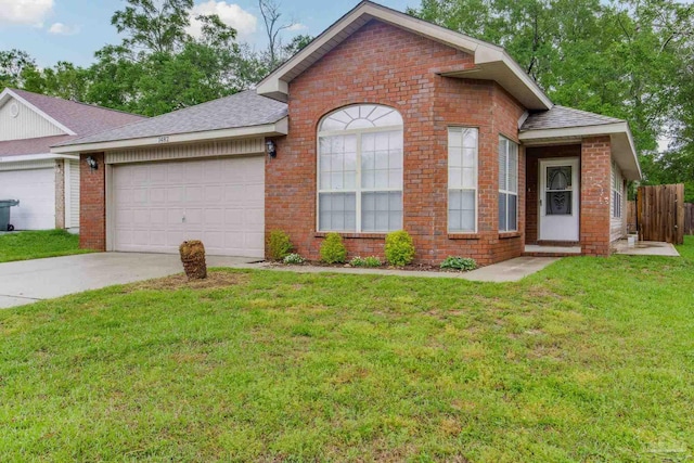 ranch-style house with a garage, a front lawn, brick siding, a shingled roof, and concrete driveway