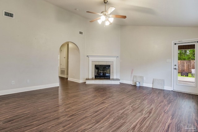 unfurnished living room with dark wood finished floors, visible vents, and ceiling fan