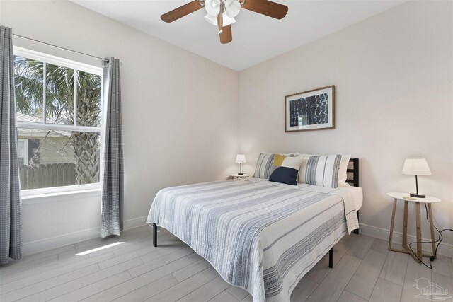 bedroom with light hardwood / wood-style flooring and ceiling fan