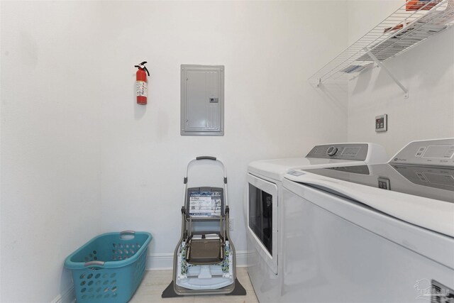 laundry area with electric panel and washing machine and dryer