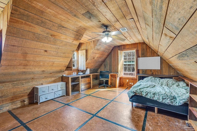 unfurnished bedroom with lofted ceiling, wood ceiling, visible vents, and wood walls