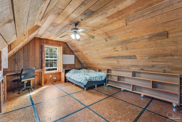 bedroom with wood ceiling, wood walls, and vaulted ceiling