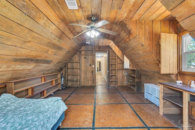 unfurnished bedroom with visible vents, lofted ceiling, wooden walls, and wooden ceiling