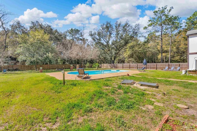 view of yard with a fenced in pool, a patio, and a fenced backyard