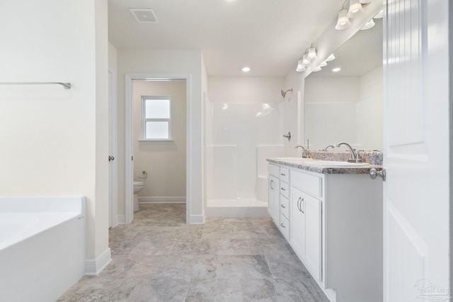 full bathroom featuring vanity, toilet, and independent shower and bath