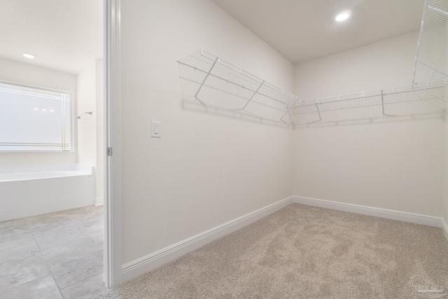 walk in closet featuring light colored carpet