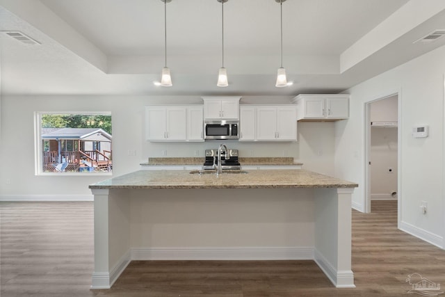 kitchen featuring a tray ceiling, a kitchen island with sink, stainless steel appliances, and light stone countertops