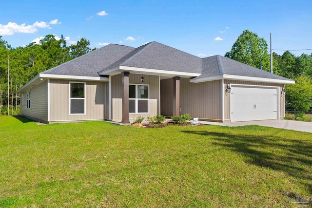 single story home featuring a garage and a front lawn