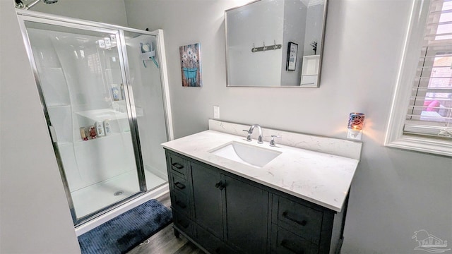 bathroom with a shower stall, vanity, and wood finished floors