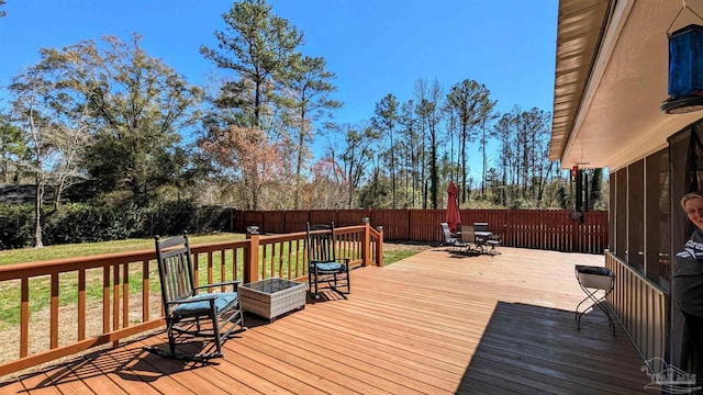 wooden terrace featuring a fenced backyard