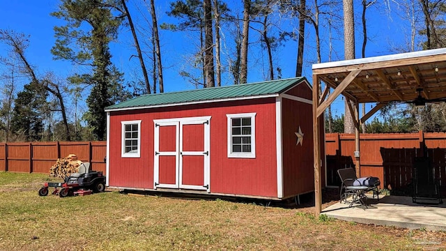 view of shed with a fenced backyard