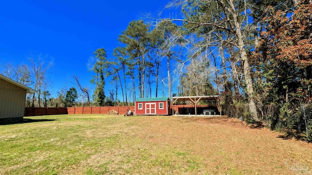 view of yard with a storage shed, an outdoor structure, and a fenced backyard