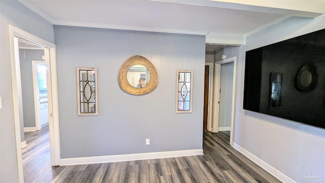 hall featuring crown molding, plenty of natural light, wood finished floors, and baseboards