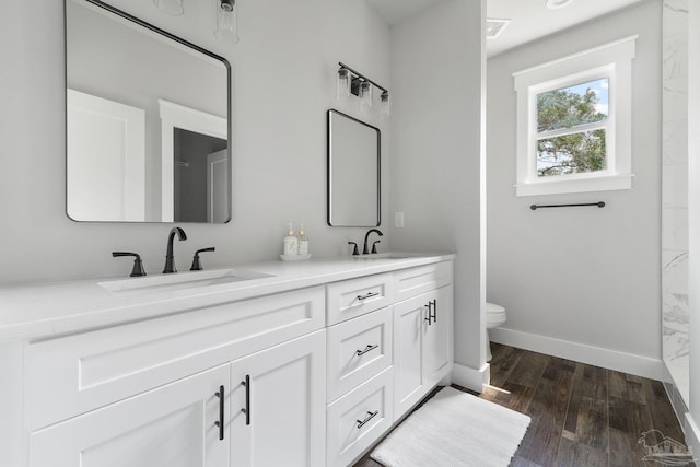 bathroom with toilet, vanity, and wood-type flooring