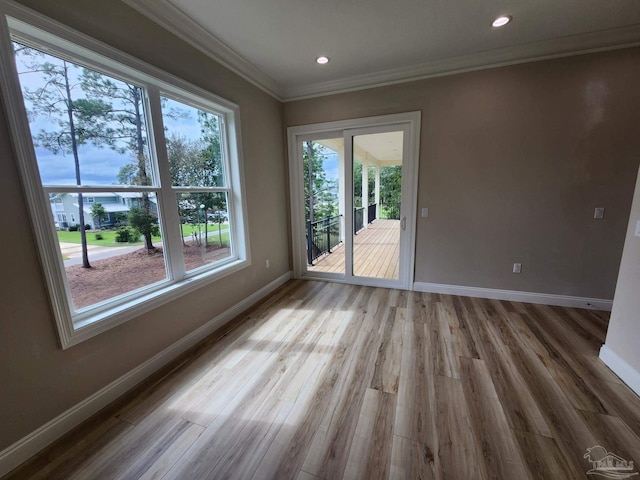 spare room featuring hardwood / wood-style flooring and ornamental molding