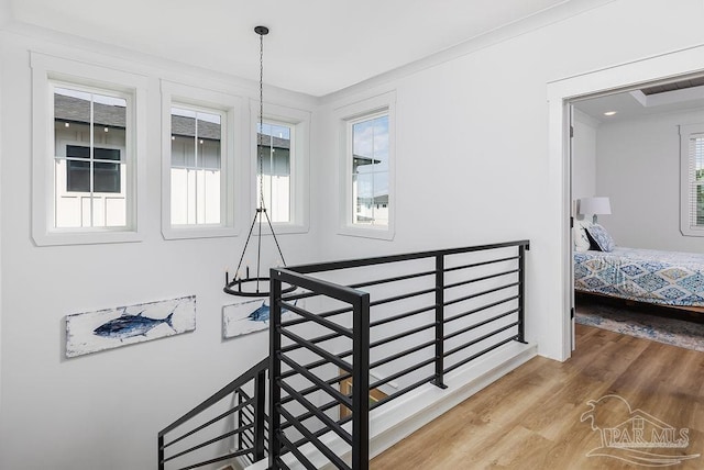 staircase with hardwood / wood-style flooring, plenty of natural light, and a chandelier