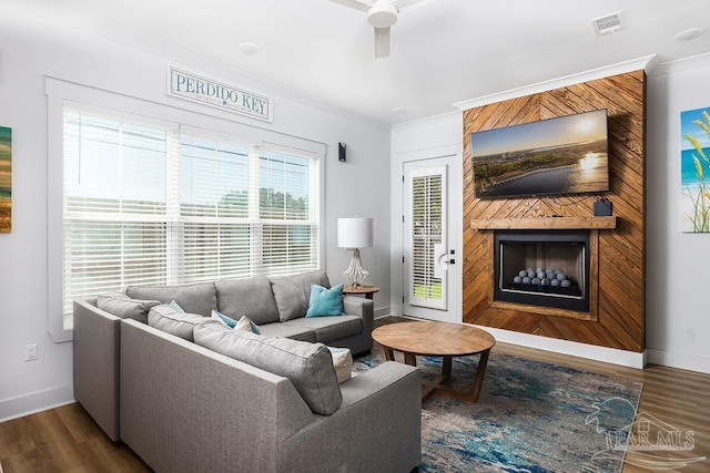 living room with ornamental molding, ceiling fan, dark wood-type flooring, and a large fireplace