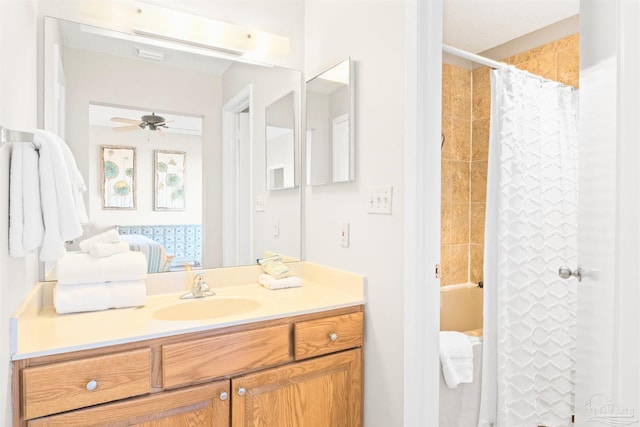 bathroom with ceiling fan, vanity, and a shower with curtain