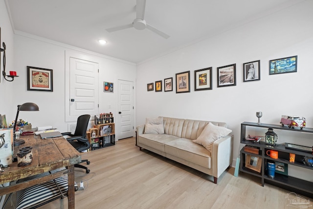 1550 W Romana St, Pensacola, FL 32502 - home office with a ceiling fan, light wood-style floors, recessed lighting, and ornamental molding