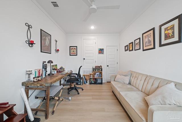 1550 W Romana St, Pensacola, FL 32502 - home office featuring crown molding, a ceiling fan, light wood finished floors, and recessed lighting