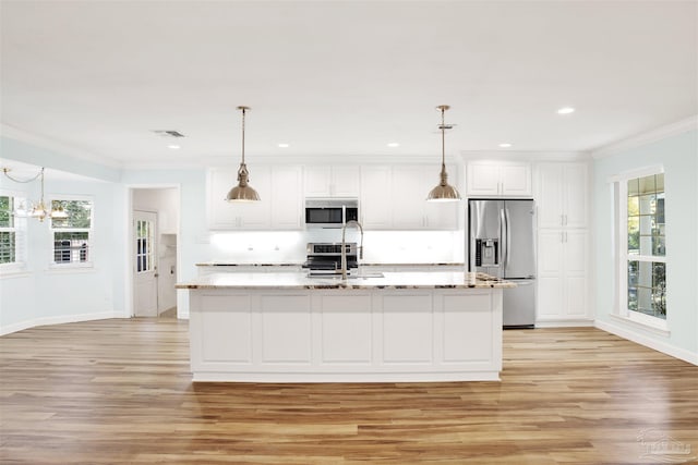 kitchen with decorative light fixtures, stainless steel appliances, and a healthy amount of sunlight