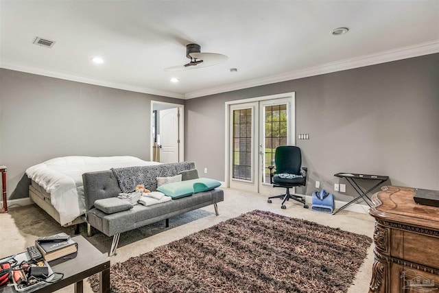 carpeted bedroom featuring access to outside, ceiling fan, and crown molding