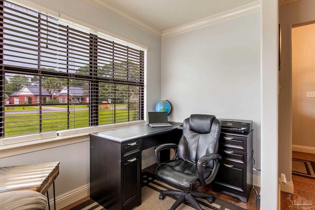 3905 Tiger Point Blvd, Gulf Breeze, FL 32563 - office area with baseboards, healthy amount of natural light, crown molding, and wood finished floors