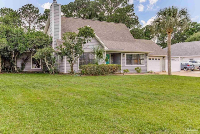3905 Tiger Point Blvd, Gulf Breeze, FL 32563 - view of front facade with a garage, concrete driveway, a front yard, and a chimney