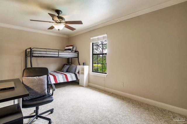 3905 Tiger Point Blvd, Gulf Breeze, FL 32563 - carpeted bedroom with baseboards, crown molding, and a ceiling fan