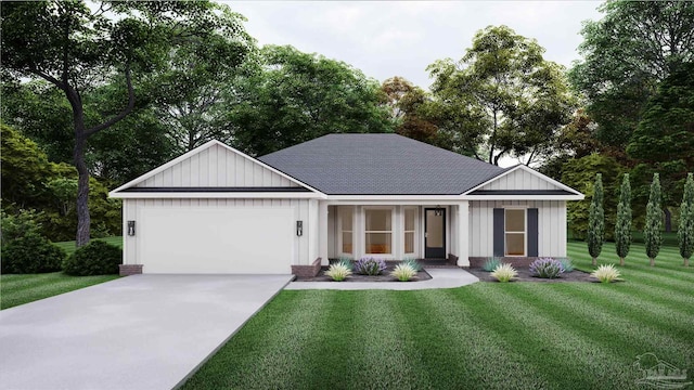 4433 Conifers St, Milton, FL 32583 - view of front facade featuring a garage, board and batten siding, a front yard, driveway, and view of wooded area